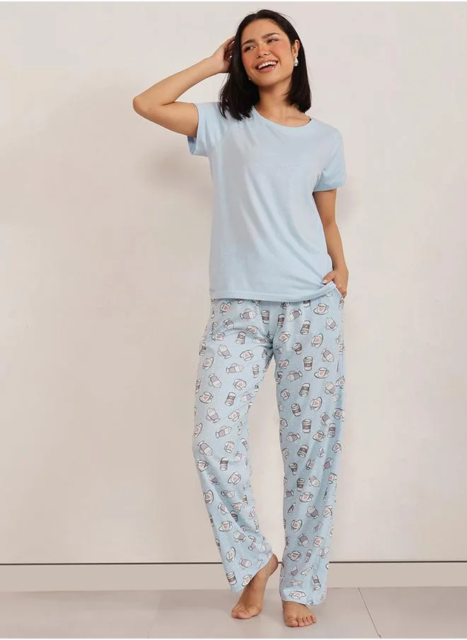 Clovia Clovia Solid Round Neck T-Shirt and Printed Pyjama Set