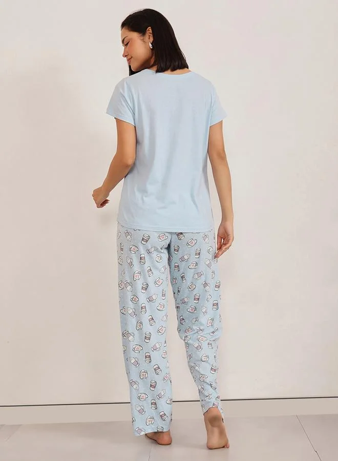 Clovia Clovia Solid Round Neck T-Shirt and Printed Pyjama Set