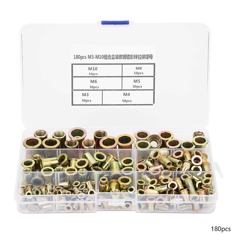 Haofy 180pcs M3 M10 Rivet Nut Kit, Zinc Plated Carbon Steel Flat Head Threaded Insert Nutsert, with Plastic Organizer Box for Steel Plastic Fiberglass - Image 1