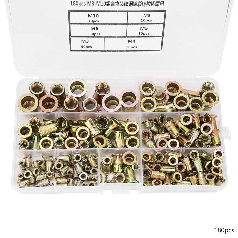 Haofy 180pcs M3 M10 Rivet Nut Kit, Zinc Plated Carbon Steel Flat Head Threaded Insert Nutsert, with Plastic Organizer Box for Steel Plastic Fiberglass - Image 2