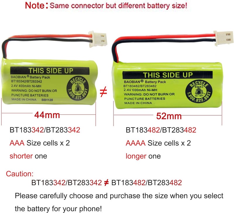 BAOBIAN 2.4V 400mAh Cordless Home Phone Battery Pack for AT&T and VTech (Pack of 2) - Image 4