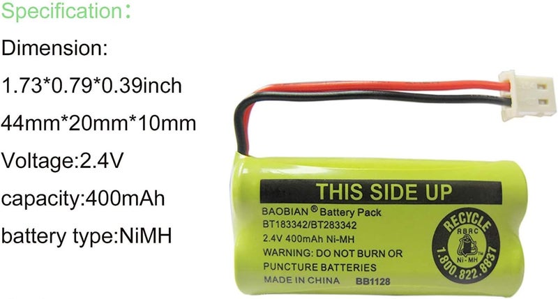 BAOBIAN 2.4V 400mAh Cordless Home Phone Battery Pack for AT&T and VTech (Pack of 2) - Image 2