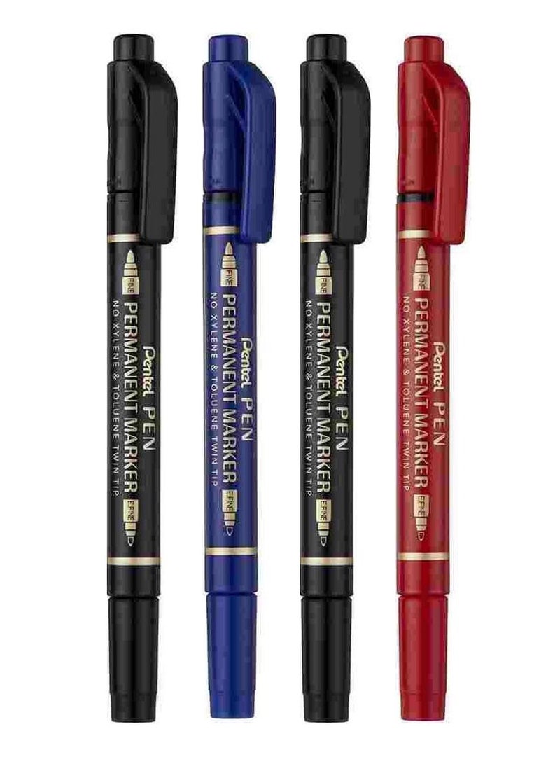 Pentel 4-Piece Twin Tip Permanent Marker Multicolour - Image 1