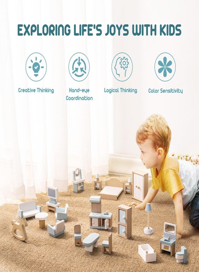 Robotime أثاث منزل الدمى من ROBOTIME، مجموعة أثاث منزل الدمى الخشبي، 23 قطعة من ملحقات وأثاث منزل الدمى، هدية أثاث منزل الدمى للأولاد والبنات - Image 4