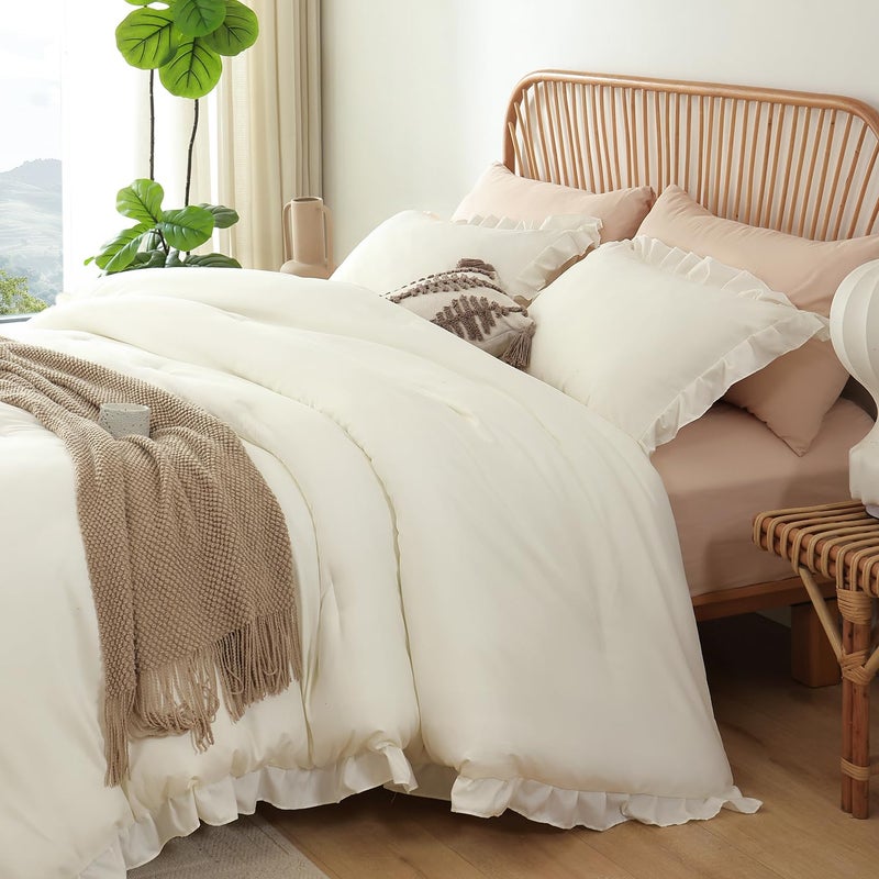 JANZAA Full Comforter Set Creamy White Ruffle Comforter with 2 Pillowcase Soft Full Size Bed Set Vintage Farmhouse Bed Comforter Set Fluffy Shabby Chic Bedding for All Season - Image 5