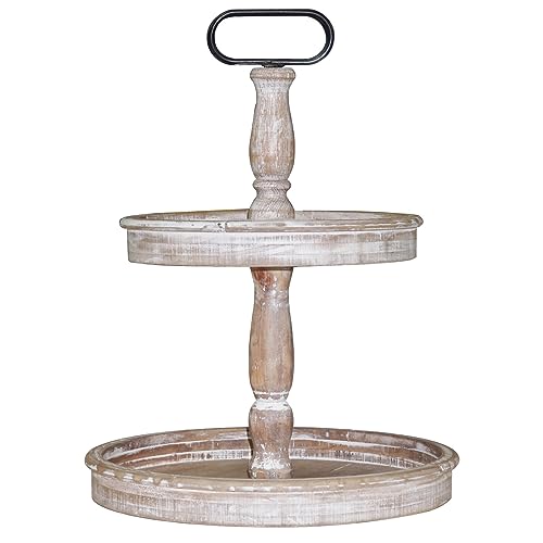 Krismax Decorative Trays - Two Tiered Tray Stand Rustic Decor Farmhouse 2 Tiered Tray Serving Tray Seasonal & Holiday Decoration Wooden Tray - Image 1