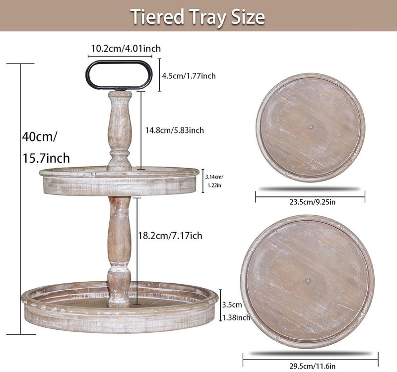 Krismax Decorative Trays - Two Tiered Tray Stand Rustic Decor Farmhouse 2 Tiered Tray Serving Tray Seasonal & Holiday Decoration Wooden Tray - Image 2