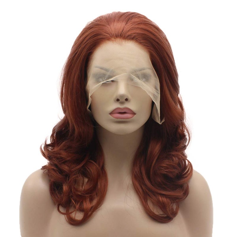 Lushy Lushy Synthetic Wavy Burgundy 16inch Medium Length Heat Resistant Heavy Density Realistic Lace Front Wig 