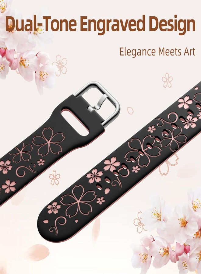 DaQin Floral Engraved Band-Compatible with Samsung Galaxy Watch 7 6 4 5 Band 40mm 44mm Women, 20mm Watch Band Flower Pattern Waterproof Strap for Galaxy Watch 6 4 Classic/5 Pro/Active 2, Black/Pink - Image 3
