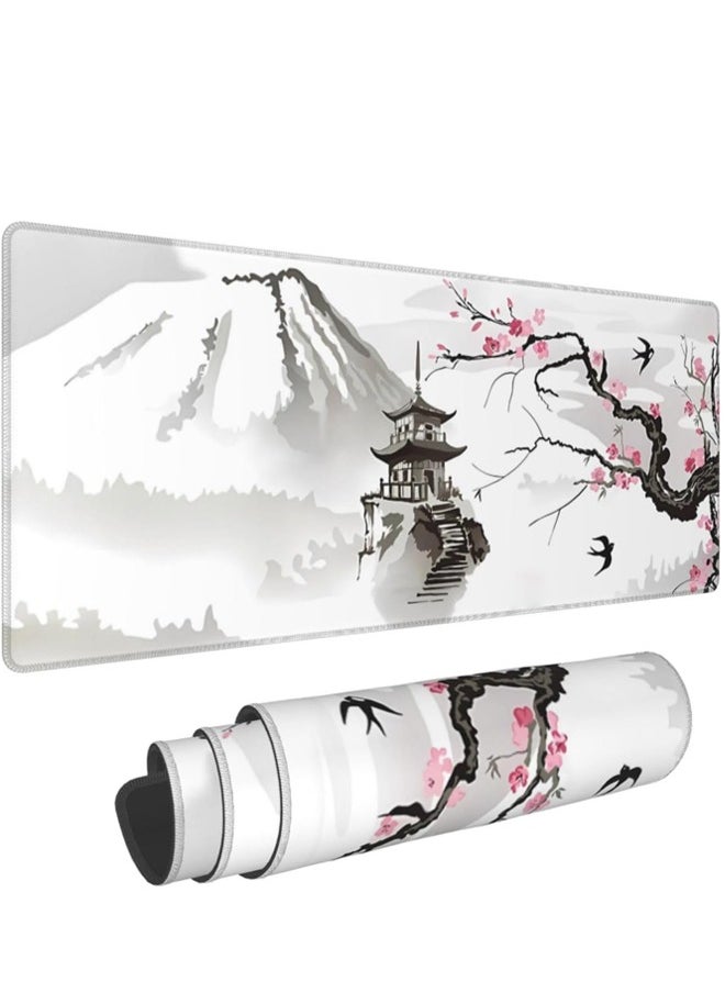 Generic - Large Gaming Mouse Pad with Stitched Edges, Japanese Pagoda and Cherry Blossom BranchDesk Mat, Extended XL Mousepad with Anti-Slip Base, Cool Desk Pad for Keyboard and Mouse(800mm*300mm*3mm) - Image 1