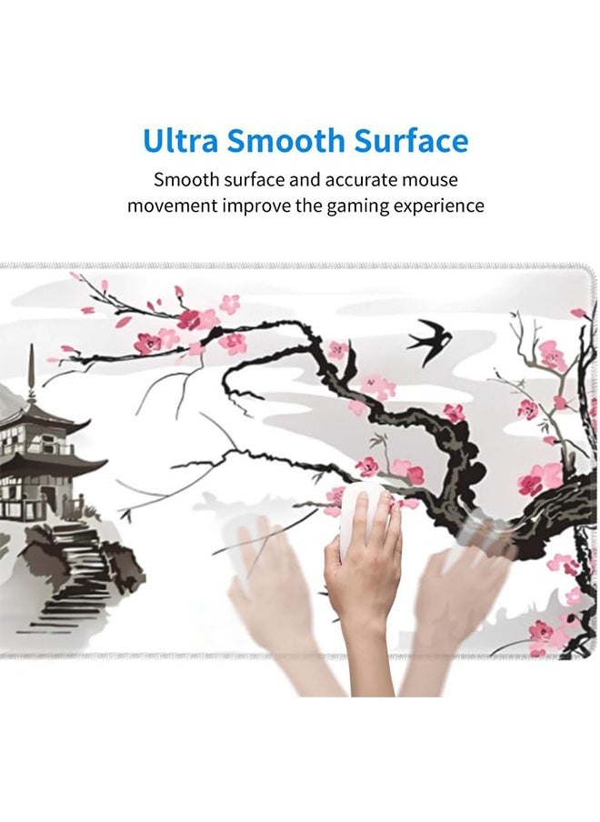 Generic - Large Gaming Mouse Pad with Stitched Edges, Japanese Pagoda and Cherry Blossom BranchDesk Mat, Extended XL Mousepad with Anti-Slip Base, Cool Desk Pad for Keyboard and Mouse(800mm*300mm*3mm) - Image 1