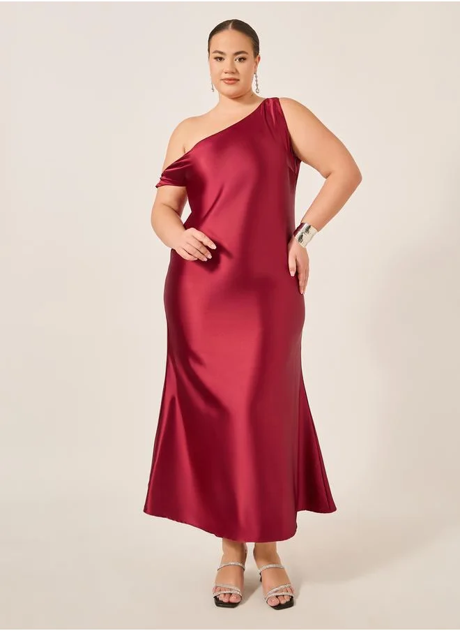 Styli Plus Size Asymmetric Neck Satin A-Line Maxi Dress