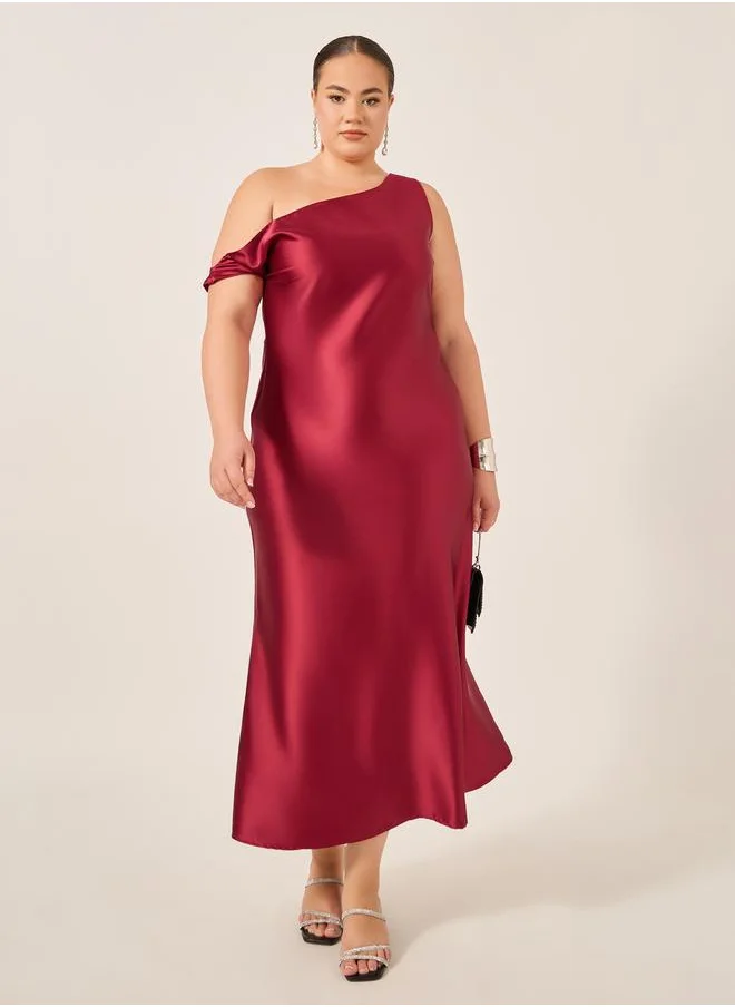 Styli Plus Size Asymmetric Neck Satin A-Line Maxi Dress