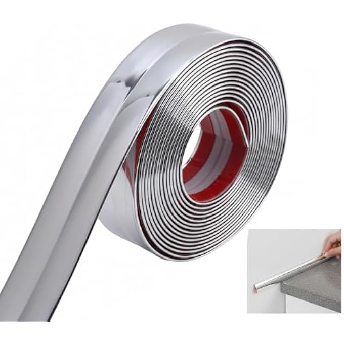 SILVER SELF-ADHESIVE DECORATIVE STRIPS, 16.4FT X 0.8INCH PEEL AND STICK WALL MOLDING TRIM, FLEXIBLE PVC SILVER DECOR TRIM TAPE FOR WALL, CEILING, FURNITURE, COUNTERTOP, FRAME,WARDROBE - SHINY SILVE - Image 1