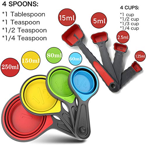 GRANDFORT Collapsible Silicone Soft Measuring Cups and Measuring Spoons,8 pieces Portable Food Grade Silicone Measurement Cup for Liquid & Dry Measuring Baking &Utensils & Travel Measuring Cup，space saver - Image 2