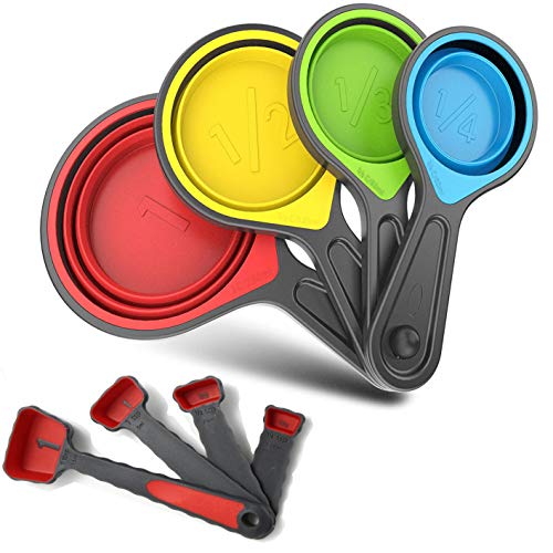 GRANDFORT Collapsible Silicone Soft Measuring Cups and Measuring Spoons,8 pieces Portable Food Grade Silicone Measurement Cup for Liquid & Dry Measuring Baking &Utensils & Travel Measuring Cup，space saver - Image 1