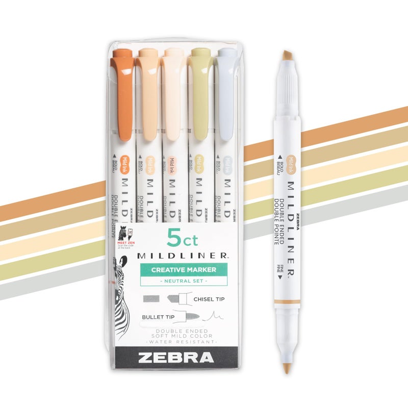 Zebra Pen Mildliner Dual-Tip Highlighter Set, Broad and Fine Tips, No Bleed, Ideal for Bible Highlighting, Giftable Art Supplies and Teacher Gifts, Assorted Neutral Vintage Ink Colors, 5-Pack (78605) - Image 1