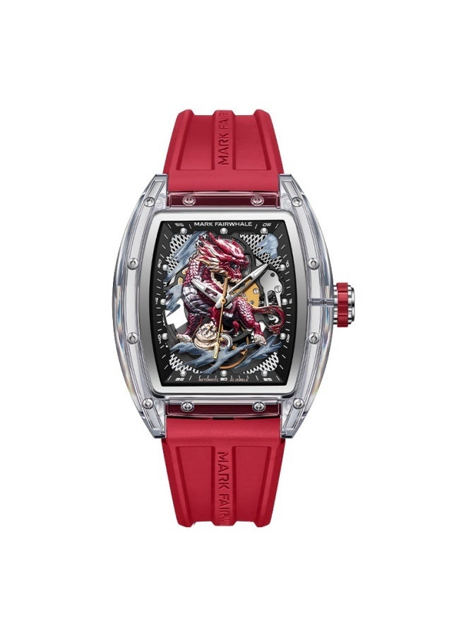 Mark Fairwhale Men's Barrel-Shaped Automatic Mechanical Watch - Water Resistant, Luminous, Black Dial & Red Silicone Strap - Image 1