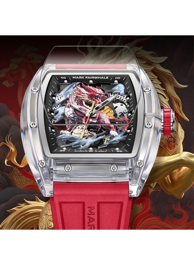 Mark Fairwhale Men's Barrel-Shaped Automatic Mechanical Watch - Water Resistant, Luminous, Black Dial & Red Silicone Strap - Image 2