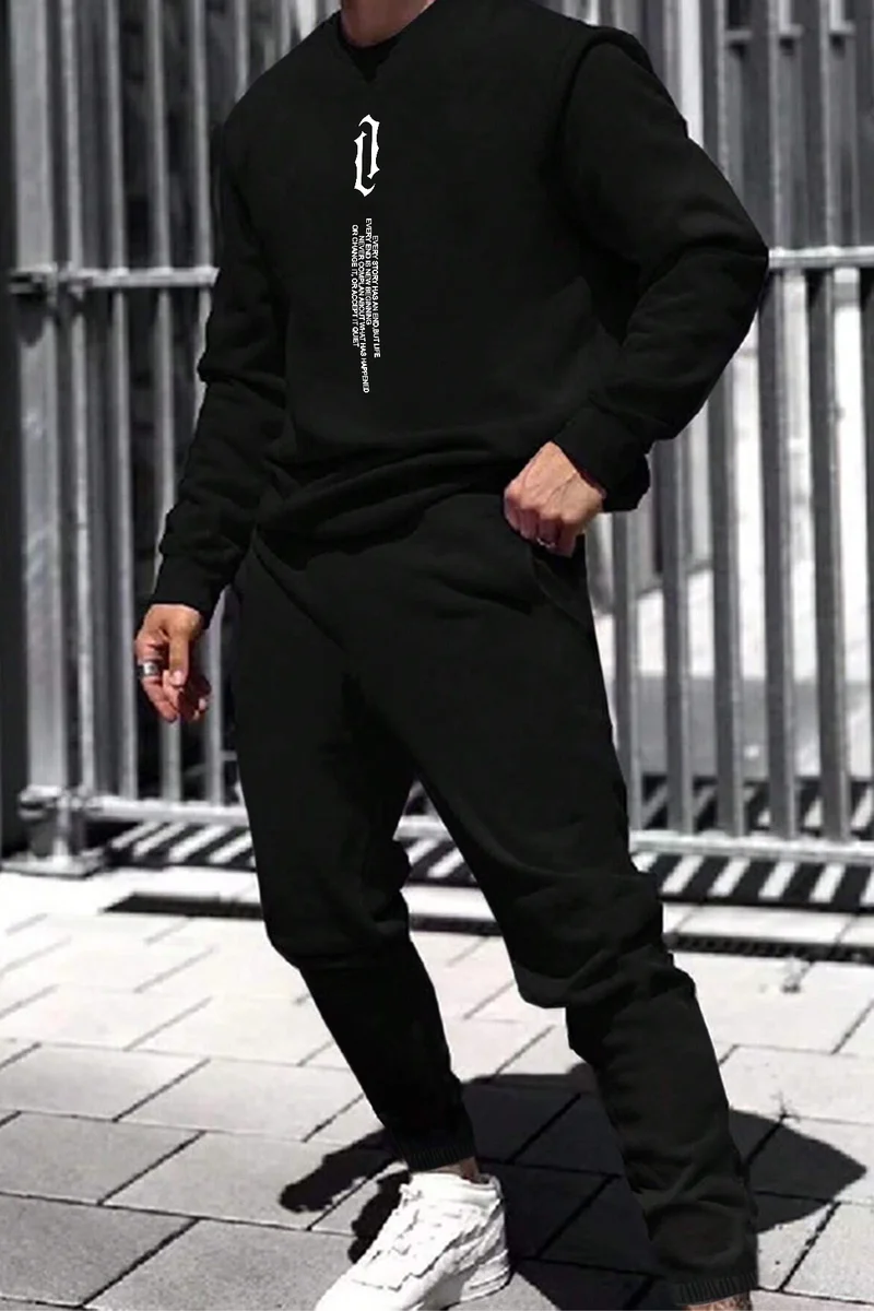 ONLYTRENDWEAR Unisex Aleman Rapero Printed Crew Neck Tracksuit Set S.m. Black