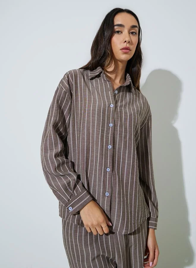 Styli Brown Striped Shirt And Trousers Co-Ord Set