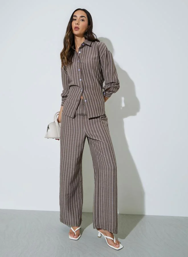 Styli Brown Striped Shirt And Trousers Co-Ord Set