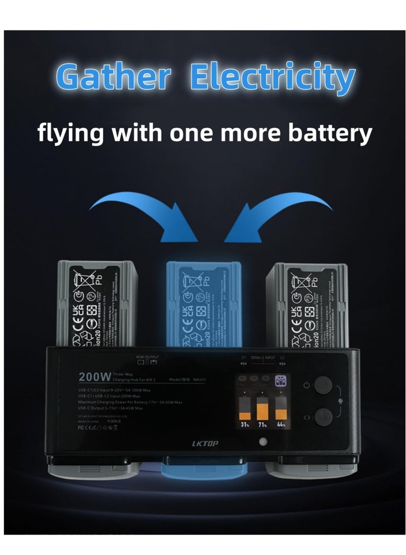 SOLARAE Air 3 Battery Charging Hub, USB-C Power Adapter,Three-Way Battery Charger for DJI Air 3, with Gather Electricity/Average Electricity/Fast Charging/Storage/LED/Alarm Mode, LED Display Screen - Image 5