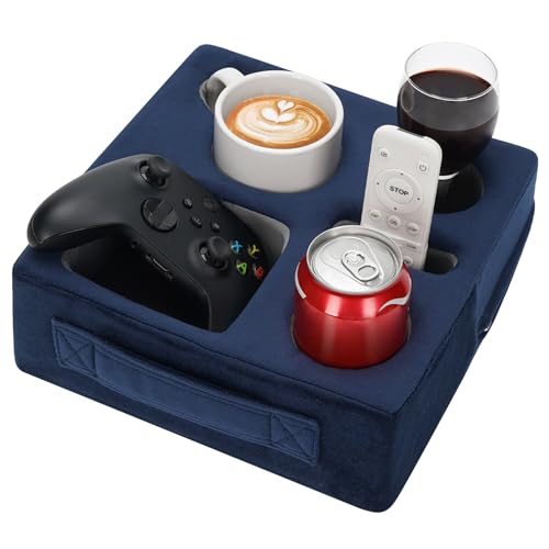 STBoo Couch Cup Holder Pillow - Sofa Drink Cup Holder Cozy Buddy | Bed Caddy Organizer Holds Remote, Snacks, Phones | Waterproof Anti-Spill Sofa Beverage Tray for Car, Pack, Beach, RV, Boat (Navy) - Image 1