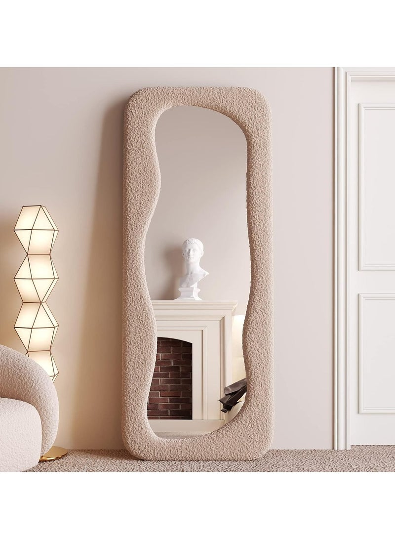 Vparty 60x160 cm Full-Length Wavy Arched Floor Mirror with Flannel-Wrapped Wooden Frame, Versatile Wall Leaning or Standing Design, Large Decorative Full Body Mirror for Bedroom, Living Room, Entryway, Elegant Modern Home Décor Accent Mirror  - Image 1