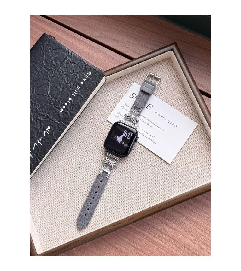 Grey Handmade Watch Bands Bowknot Rhinestones Compatible 42mm 44mm 45mm 49mm - Image 4