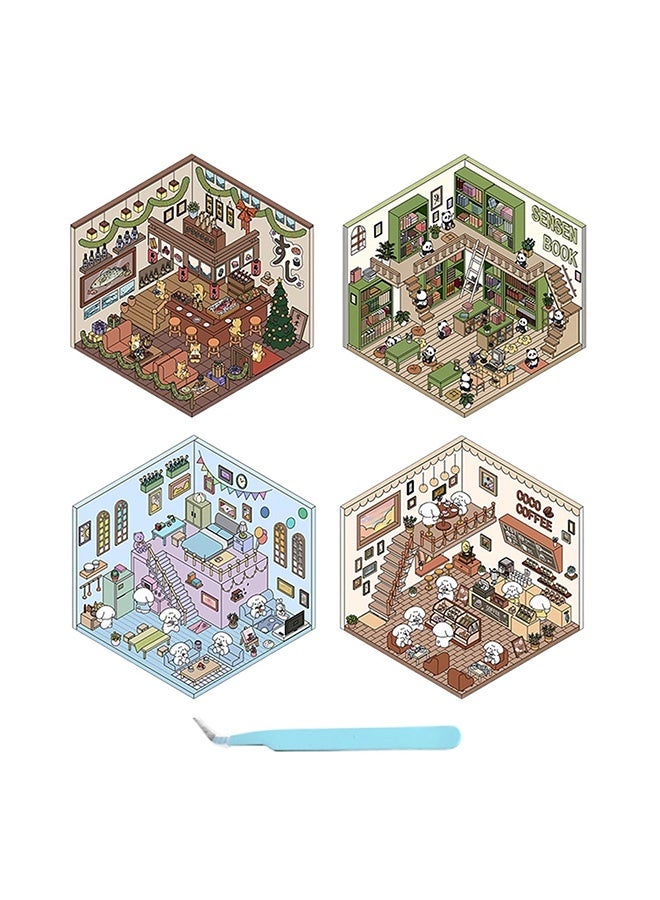Peachjoy 4PCS DIY 3D Sticker Scene Set - Cute Cartoon House Stickers, Build Your Own Supermarket, Coffee Shop, Restaurant and Bookstore, Stress Relief Creative Craft for Adults and Kids - Image 1