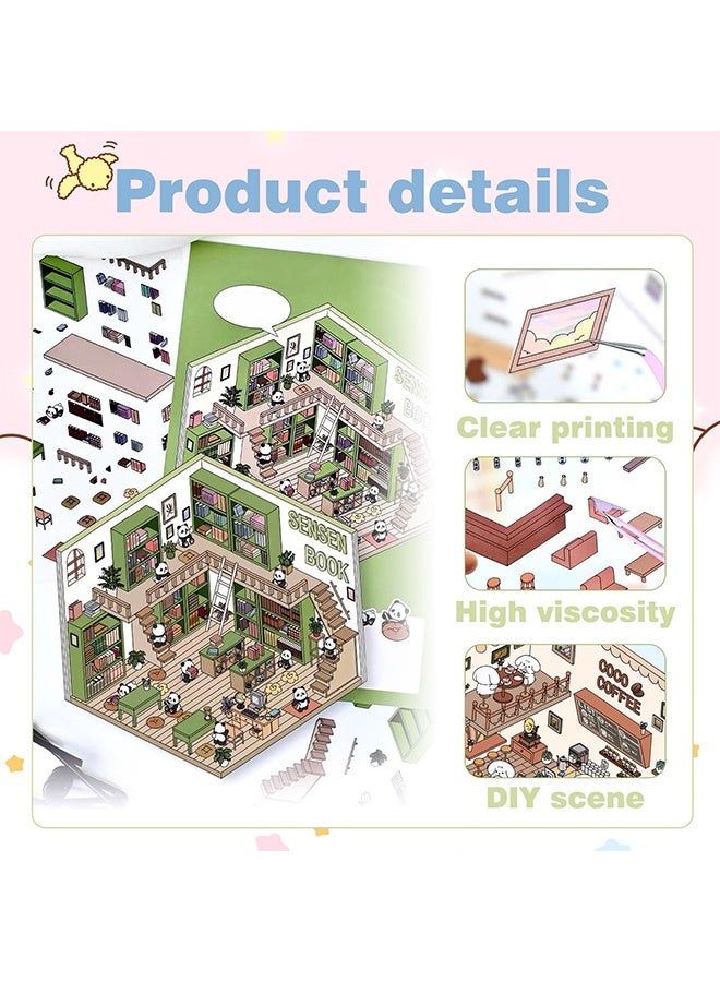 Peachjoy 4PCS DIY 3D Sticker Scene Set - Cute Cartoon House Stickers, Build Your Own Supermarket, Coffee Shop, Restaurant and Bookstore, Stress Relief Creative Craft for Adults and Kids - Image 3