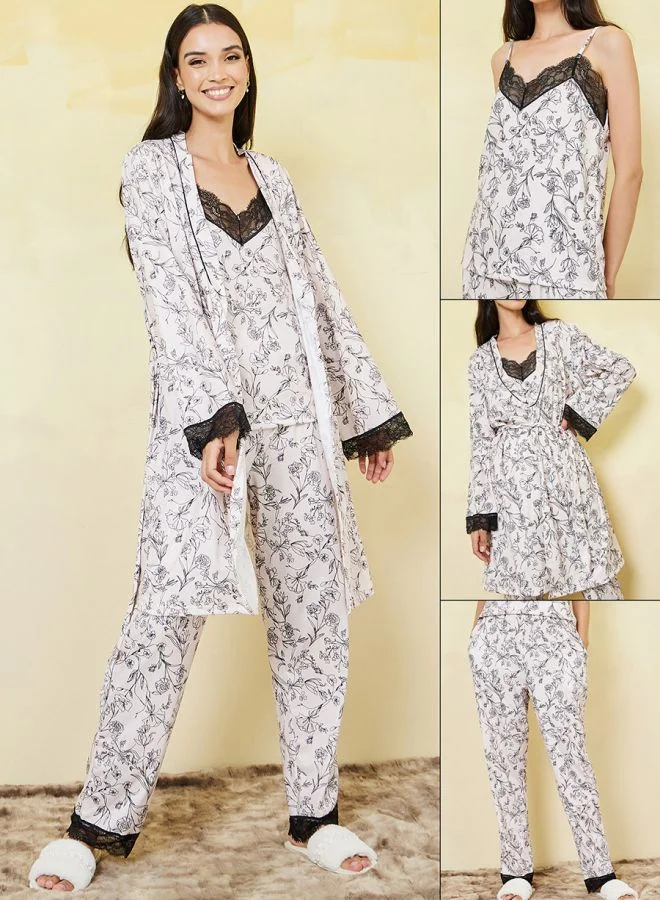 Styli Pack of 3 - Floral Lace Trim Cami, Trouser & Robe Set