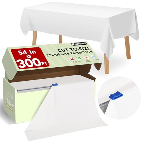 RowinsyDD 54 IN X 300 FT White Plastic Table Cover Roll with Slide Cutter, Cuts Up to 36 Rectangle 8 Feet Disposable Plastic Table Cloths, Disposable Table Cover Roll for Dinning, Parties, BBQ, Wedding, Outdoor - Image 1