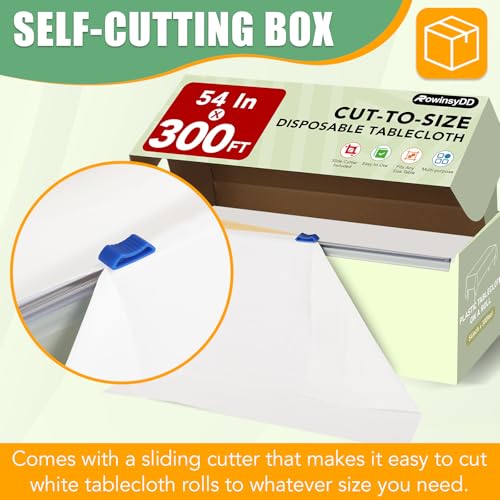RowinsyDD 54 IN X 300 FT White Plastic Table Cover Roll with Slide Cutter, Cuts Up to 36 Rectangle 8 Feet Disposable Plastic Table Cloths, Disposable Table Cover Roll for Dinning, Parties, BBQ, Wedding, Outdoor - Image 2