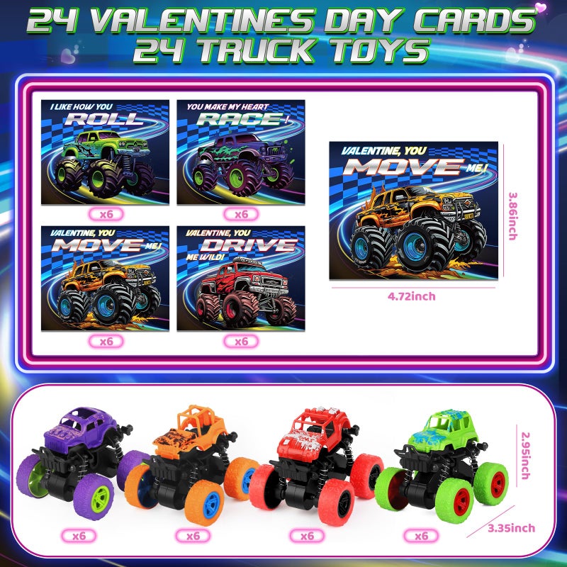 AuroTops Valentines Day Cards for Kids, 24 Pack Monster Truck Toys with Valentine Cards for Valentine School Party Favors for Kids Boys Girls Exchange Valentines Day Gifts - Image 2