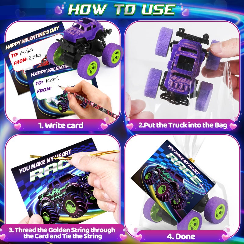 AuroTops Valentines Day Cards for Kids, 24 Pack Monster Truck Toys with Valentine Cards for Valentine School Party Favors for Kids Boys Girls Exchange Valentines Day Gifts - Image 3