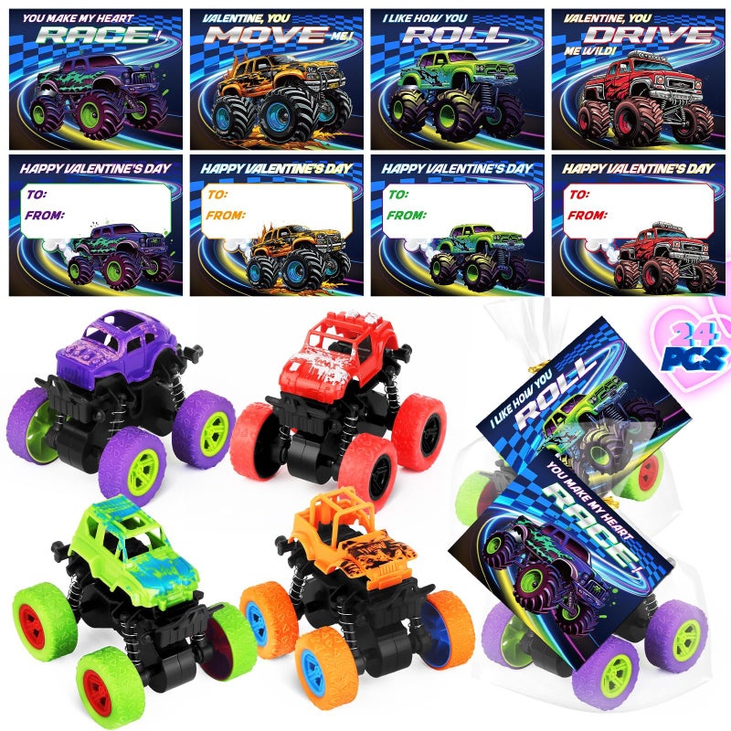 AuroTops Valentines Day Cards for Kids, 24 Pack Monster Truck Toys with Valentine Cards for Valentine School Party Favors for Kids Boys Girls Exchange Valentines Day Gifts - Image 1