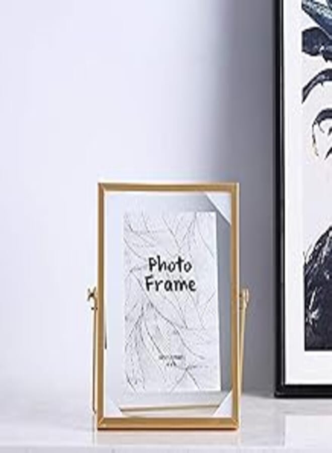 2 Pack 4x6 Metal Floating Glass Picture Frame with Metal Easel (Vertical), 6x4 Glass Photo Frame Metal Geometric Picture Frame for Photos, Art, Tabletop Display (Gold)