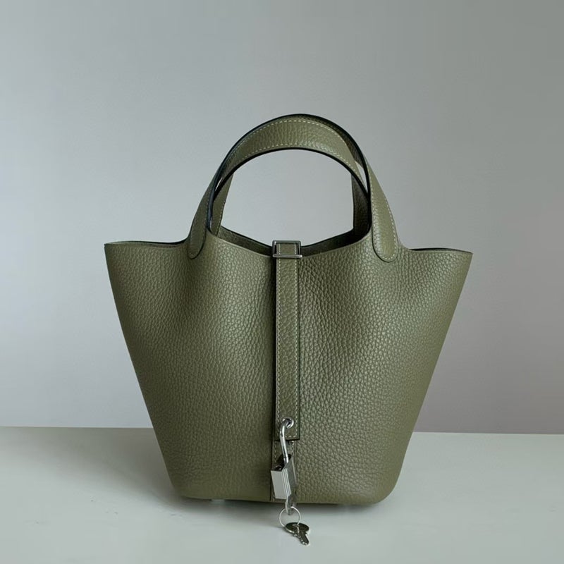 18cm Wax Line Hand Sewed TC Top Layer Cowhide Vegetable Basket Bag Bucket Bag Genuine Leather Womens Bag Handbag Sage green 