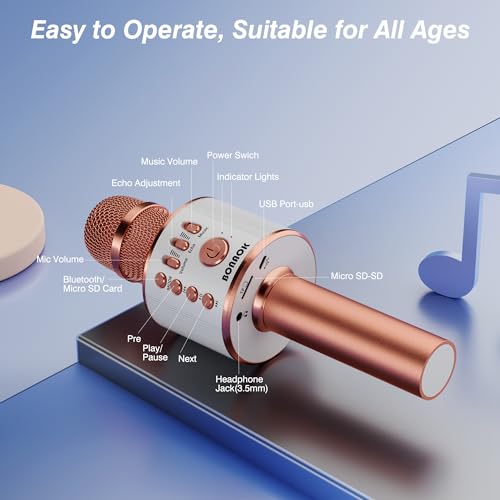 BONAOK Wireless Bluetooth Karaoke Microphone,3-in-1 Portable Handheld Karaoke Mic Speaker Machine Home Party Birthday for All Smartphones PC(Q37 Rose Gold) - Image 4