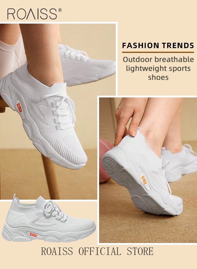 roaiss Fly Woven Sports Shoes for Women Trendy Minimalist Versatile Sneakers with Shoelace Women's Non Slip Breathable Lightweight Outdoor Running Shoes Casual Walking Athlesiure White Shoes for Students or Sporty People - Image 3
