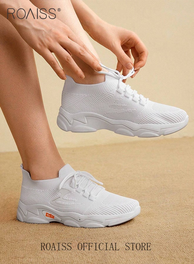 roaiss Fly Woven Sports Shoes for Women Trendy Minimalist Versatile Sneakers with Shoelace Women's Non Slip Breathable Lightweight Outdoor Running Shoes Casual Walking Athlesiure White Shoes for Students or Sporty People - Image 4