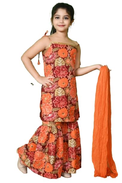 SPAMitude - Girls' Floral Printed Kurta Sharara Set | Ethnic Dress with Dupatta | Festive Traditional Outfit Boat Neck Fashion Sleeves (in, Age, 4 Years, 5 Years, Orange) - Image 4