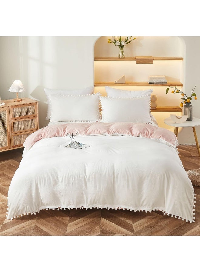 Bedbay Pink and White Duvet Cover Girls Bedding Twin Preppy Bedding Boys Kids Cute Pom Pom Bedding Set Aesthetic Room Decor Ultra Soft Microfiber Boho Bedding Set(White&Pink,Twin) - Image 2