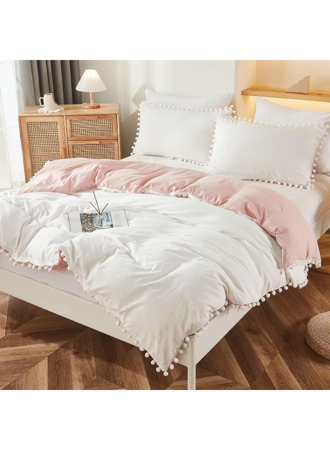 Bedbay Pink and White Duvet Cover Girls Bedding Twin Preppy Bedding Boys Kids Cute Pom Pom Bedding Set Aesthetic Room Decor Ultra Soft Microfiber Boho Bedding Set(White&Pink,Twin) - Image 1