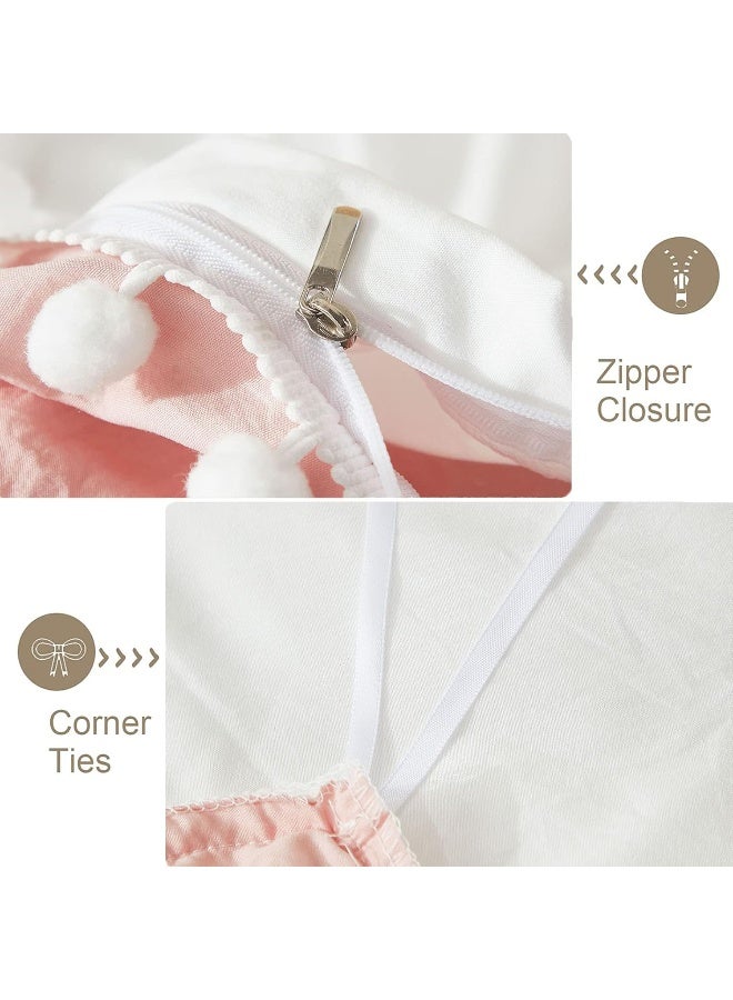Bedbay Pink and White Duvet Cover Girls Bedding Twin Preppy Bedding Boys Kids Cute Pom Pom Bedding Set Aesthetic Room Decor Ultra Soft Microfiber Boho Bedding Set(White&Pink,Twin) - Image 4