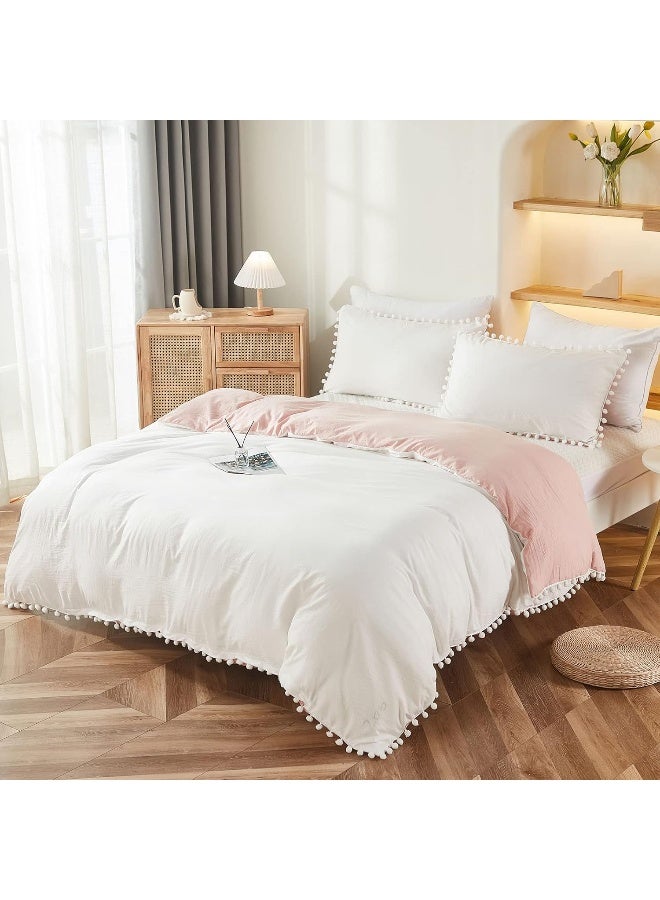 Bedbay Pink and White Duvet Cover Girls Bedding Twin Preppy Bedding Boys Kids Cute Pom Pom Bedding Set Aesthetic Room Decor Ultra Soft Microfiber Boho Bedding Set(White&Pink,Twin) - Image 3
