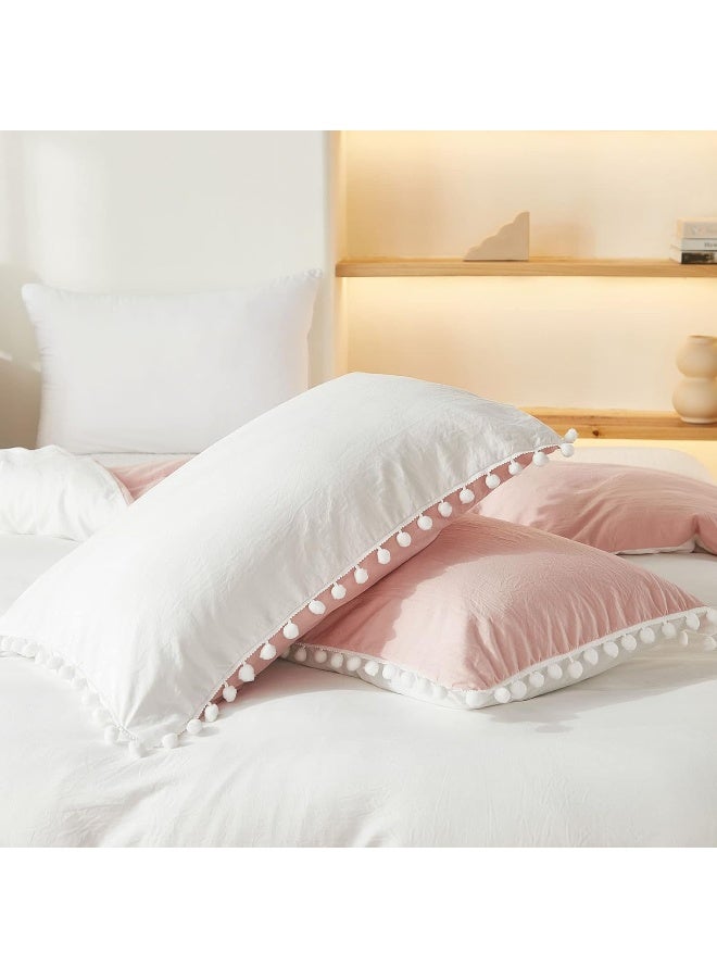 Bedbay Pink and White Duvet Cover Girls Bedding Twin Preppy Bedding Boys Kids Cute Pom Pom Bedding Set Aesthetic Room Decor Ultra Soft Microfiber Boho Bedding Set(White&Pink,Twin) - Image 5