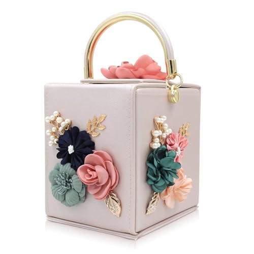 Milisente Evening Clutch Bag for Women Floral Square Box Evening Bags Crossbody Shoulder handBags Flower Wedding Clutch Purse (Beige) - Image 1